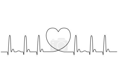 Illustration for Heartbeat continuous one line drawing. Doodle heart with pulse vector. Ekg wave of romantic symbol in simple linear style illustration. - Royalty Free Image