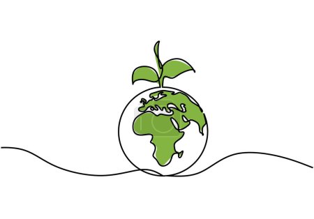 Illustration for Earth one line drawing. Continuous outline with leaves. Eco concept. Vector illustration isolated. Minimalist design handdrawn. - Royalty Free Image
