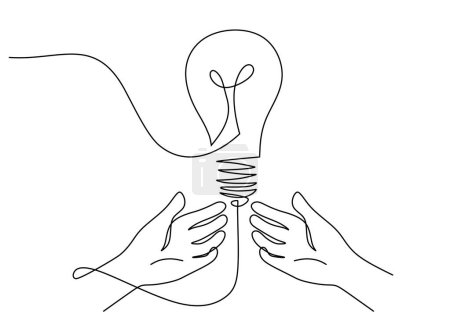 Illustration for Hands with light bulb. Continuous one line drawing. Vector illustration isolated. Minimalist design handdrawn. - Royalty Free Image