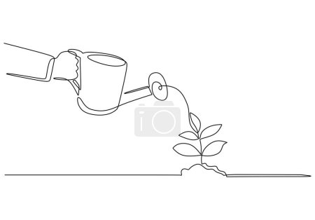 Illustration for Continuous line drawing watering plant vector illustration. One line growing and seedling concept. - Royalty Free Image