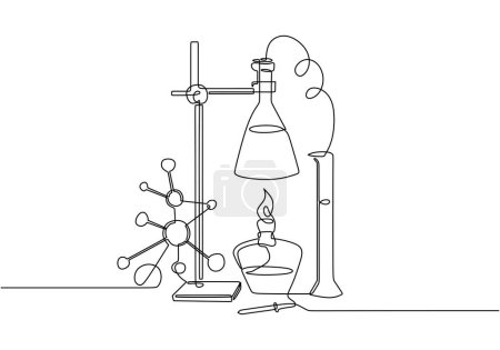 Illustration for Chemical reaction in laboratory. Continuous one line art drawing of flask with tube. - Royalty Free Image