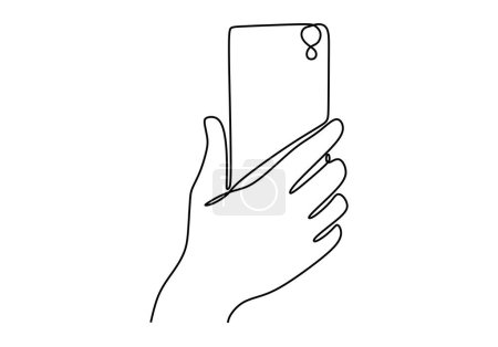 Ilustración de Una línea de dibujo de mano sosteniendo teléfono inteligente o teléfono celular. Teléfono de línea continua con cámara. - Imagen libre de derechos