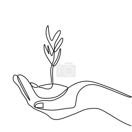 Illustration for One line drawing of hands holding a plant. Concept of growing and love earth in continuous single outline. - Royalty Free Image