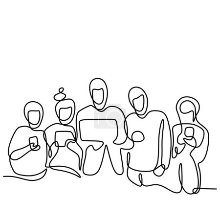 Business team with gadget of smartphone, laptop, and tablet. Continuous one line art drawing style.