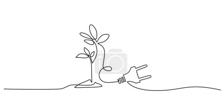 Illustration for One line drawing of power plug and plants. Green energy concept. Eco and modern theme vector illustration. - Royalty Free Image