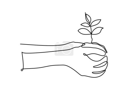 Téléchargez les illustrations : Dessin d'une ligne de mains tenant une plante. Concept de croissance et d'amour terre en contour unique continu. - en licence libre de droit