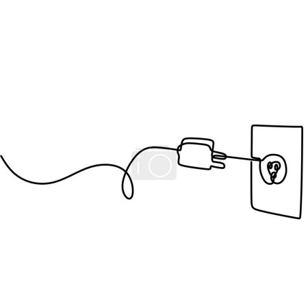 Continuous line art drawing of a plug inserted into an electric outlet in a minimalist black linear design. Isolated on a white background. Vector illustration electrical socket.