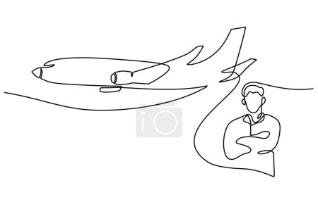 Ilustración de Piloto y avión en un estilo de dibujo de línea continua. - Imagen libre de derechos