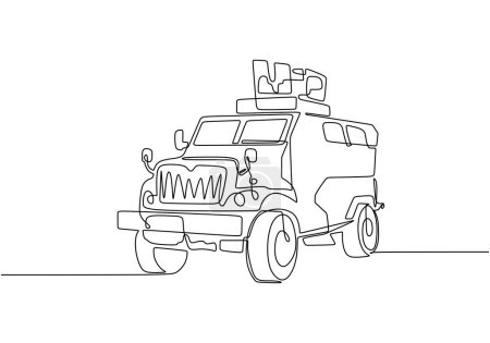 Illustration for Single one line drawing of Armored Military truck combat transport - Royalty Free Image