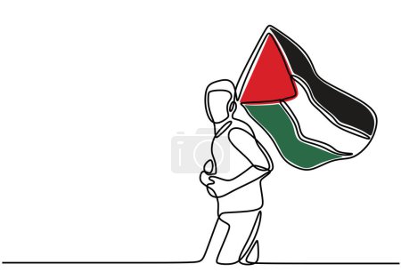 Ilustración de Mano dibujada de hombre traer la bandera palestina en un estilo de arte de línea. Un vector de línea continua ilustración, - Imagen libre de derechos