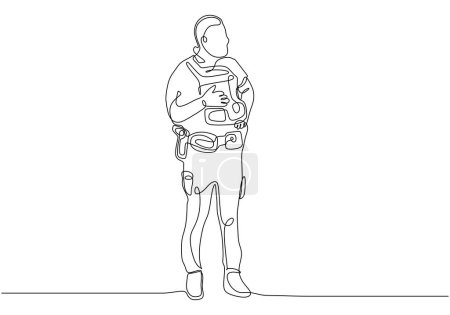 Téléchargez les illustrations : Officier de police debout bras croisé isolé sur un fond blanc dans un dessin continu. - en licence libre de droit