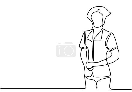 Illustration for Single continuous line drawing of young female nurse standing at hospital. Medical health care concept one line draw design vector illustration - Royalty Free Image