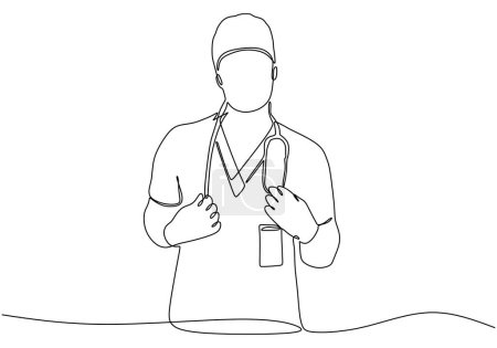one line vector drawing of hospital doctor standing holding stethoscope.