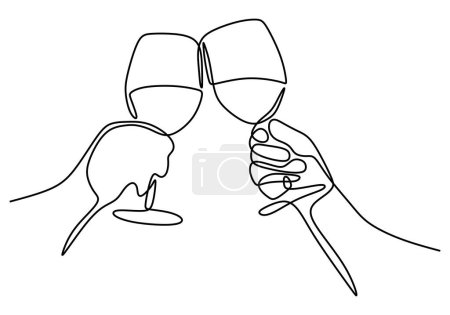 Illustration for One line champagne toast. Continuous linear couple wine glasses - Royalty Free Image