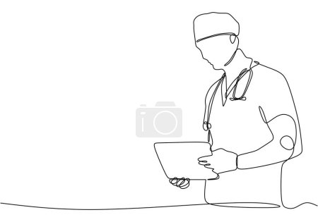 one line vector drawing of hospital doctor standing holding patient papers.