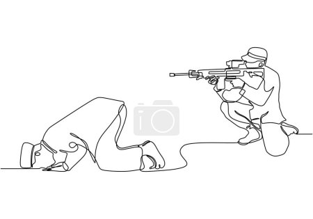 one line continuous line man prostrate in front of soldier with gun