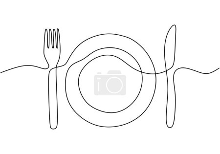 One continuous line plate, knife and fork vector illustration