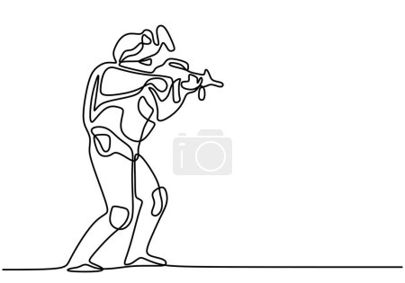 Téléchargez les illustrations : Soldat debout avec une arme dans une illustration vectorielle de style ligne. Un dessin en ligne continu fond, bannière, affiche. - en licence libre de droit