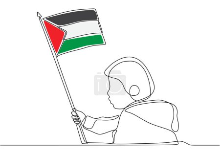 Illustration for One continuous line drawing of kid hold Palestine flag - Royalty Free Image
