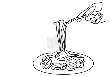 Téléchargez les illustrations : Dessin à ligne continue unique de délicieuses nouilles spaghetti avec fourchette - en licence libre de droit
