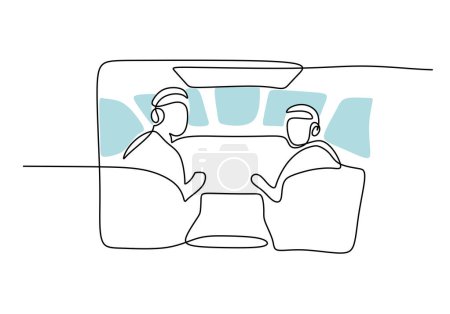 Ilustración de Pilotos en cabina en un estilo de dibujo de línea continua. - Imagen libre de derechos