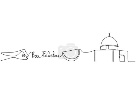 Ilustración de Palestina libre con puño de mano, sandía y mezquita en un estilo de arte de línea continua. - Imagen libre de derechos