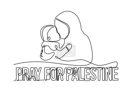 Ilustración de Una línea continua de mujer musulmana sosteniendo bebé rezar por palestina - Imagen libre de derechos