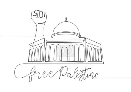 Eine durchgehende Linienzeichnung von Moschee und freiem Palästina-Wort
