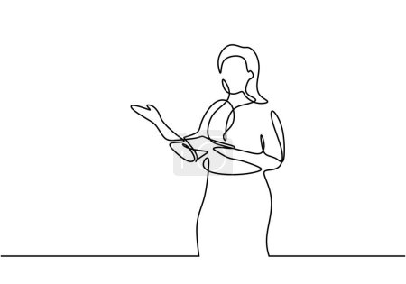Illustration for Women teacher giving a lesson in from of the class bring book. Continuous line drawing of business presentation. Business trainer talking - Royalty Free Image