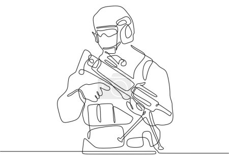 Kontinuierliche einzeilige Zeichnung des Soldaten mit Waffe
