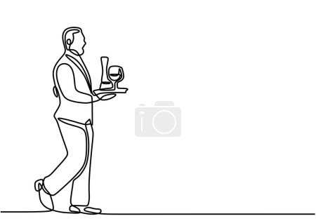 Téléchargez les illustrations : Un dessin continu à une seule ligne de serveurs tenant la bouteille sur le plateau - en licence libre de droit