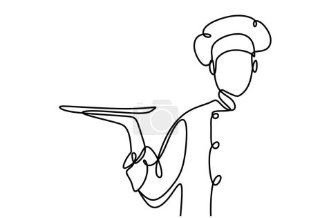 continuous line drawing of chef waiter pose standing bringing tray
