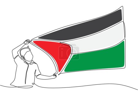 Una línea continua de dibujo del hombre sostiene la bandera de Palestina