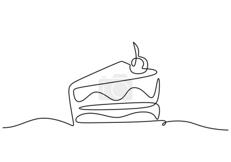 Illustration for One line drawing of cake with cherries. Hand drawn piece of tasty food. bakery food hand drawn. - Royalty Free Image