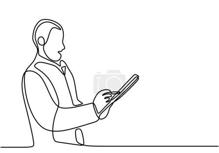 One line drawing of pharmacist holds medicines recipe in her hands