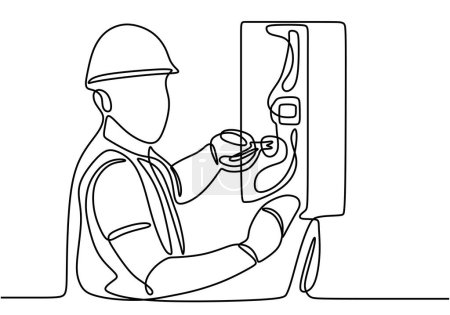 Illustration for One line vector drawing of an electrical worker checking panel - Royalty Free Image