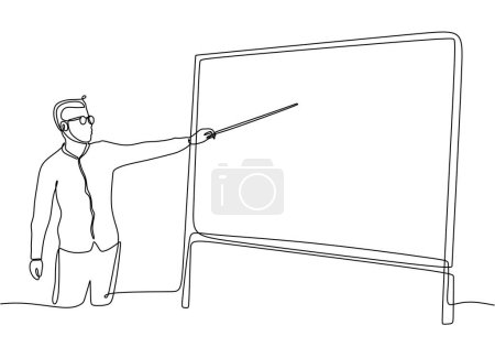 Illustration for Man teacher giving a lesson in from of the class behind the blackboard. continuous line drawing of business presentation. Business trainer talking - Royalty Free Image