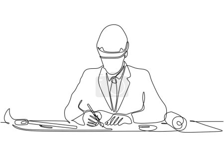 Ilustración de Dibujo de línea continua única de joven arquitecto masculino escribiendo en papel plano. Ocupación profesional de trabajo. Minimalismo concepto de una línea dibujar ilustración vectorial diseño gráfico - Imagen libre de derechos