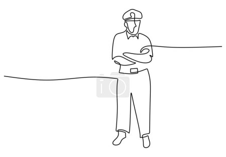 Téléchargez les illustrations : Officier de police debout bras croisé isolé sur un fond blanc dans un dessin continu. - en licence libre de droit