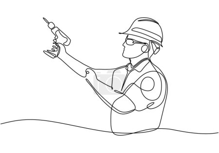 Illustration for One single line drawing of young handyman wearing uniform while holding drill machine. Repairman construction maintenance service concept. Continuous line draw design illustration. - Royalty Free Image