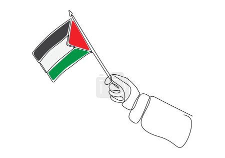 Una línea continua de dibujo de mano sostener la bandera de Palestina