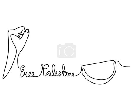 Free palestine with hand fist and watermelon in one continuous line art style.