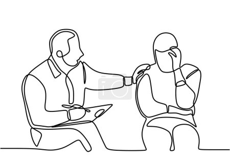 Illustration for One line drawing of man sitting at the reception of a male psychologist - Royalty Free Image