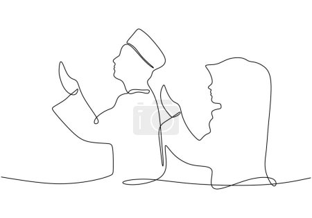 Illustration for Continuous line, one-line, man woman muslim praying - Royalty Free Image
