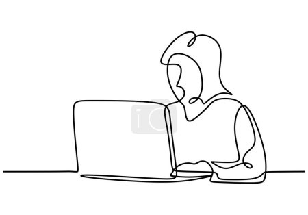Illustration for Woman in front of laptop computer in one continuous line drawing style - Royalty Free Image