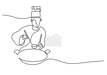 Téléchargez les illustrations : Un dessin en ligne continue du chef cuisinier cuisine dans la cuisine. - en licence libre de droit