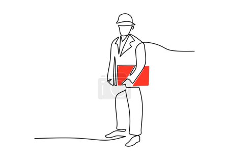 Illustration for Single continuous line drawing of young male architect holding red blueprint paper. Professional work job occupation. Minimalism concept one line draw graphic design vector illustration - Royalty Free Image