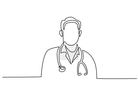 Ilustración de Dibujo vectorial de una línea del médico del hospital de pie sosteniendo estetoscopio. - Imagen libre de derechos