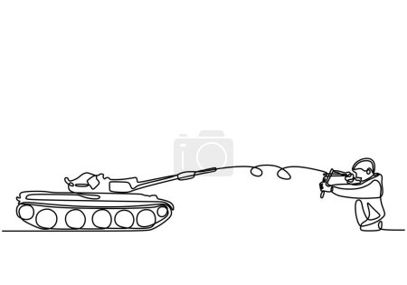 Free palestine. Boy shoot tank with slingshot in one line art style. Continuous line draw design graphic vector illustration.