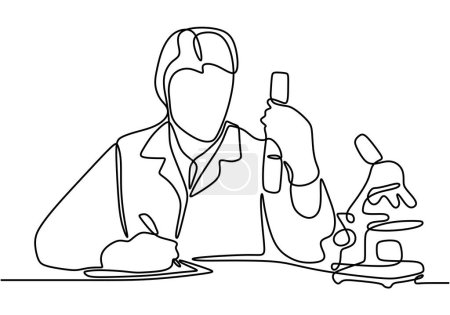 Illustration for One continuous line drawing of scientist check sample using microscope - Royalty Free Image